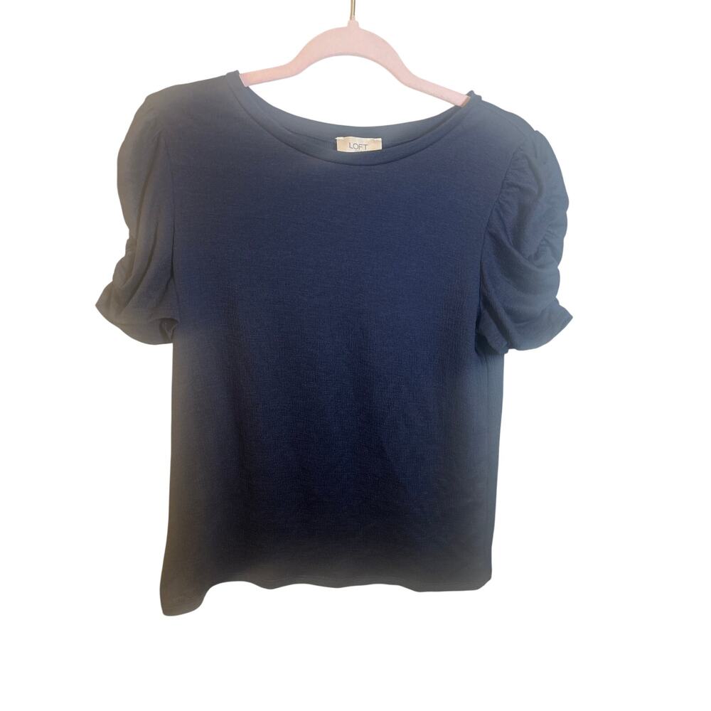 LOFT Women’s Navy Blue Puff Sleeve Top Short Sleeve Crew Neck Blouse